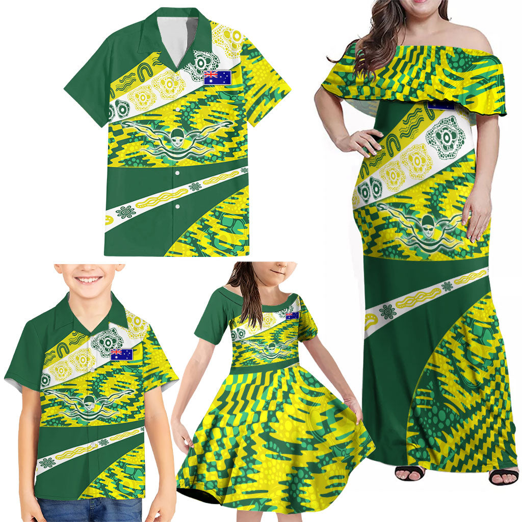 Personalised Australia Swimming Athlete Family Matching Off Shoulder Maxi Dress and Hawaiian Shirt Aboriginal Pattern Freestyle Swimmer Patriotic