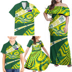 Personalised Australia Swimming Athlete Family Matching Off Shoulder Maxi Dress and Hawaiian Shirt Aboriginal Pattern Freestyle Swimmer Patriotic