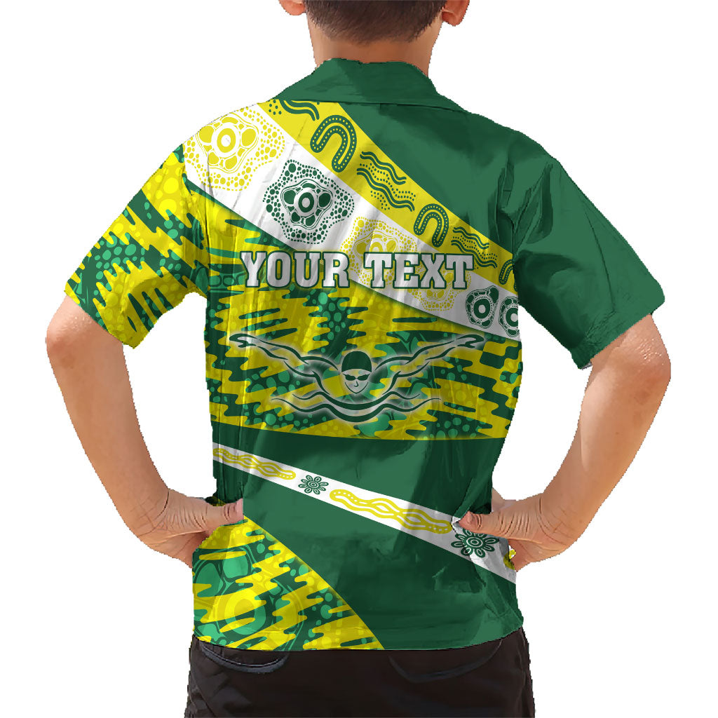 Personalised Australia Swimming Athlete Family Matching Off Shoulder Maxi Dress and Hawaiian Shirt Aboriginal Pattern Freestyle Swimmer Patriotic