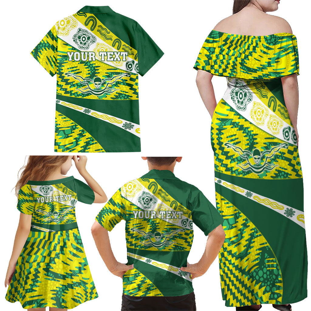 Personalised Australia Swimming Athlete Family Matching Off Shoulder Maxi Dress and Hawaiian Shirt Aboriginal Pattern Freestyle Swimmer Patriotic