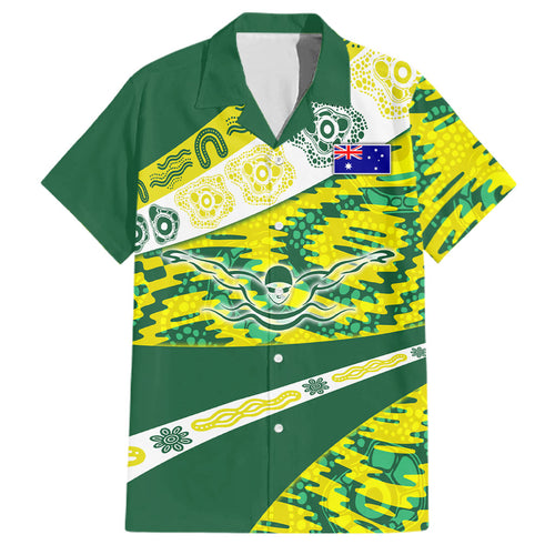 Personalised Australia Swimming Athlete Family Matching Off Shoulder Maxi Dress and Hawaiian Shirt Aboriginal Pattern Freestyle Swimmer Patriotic