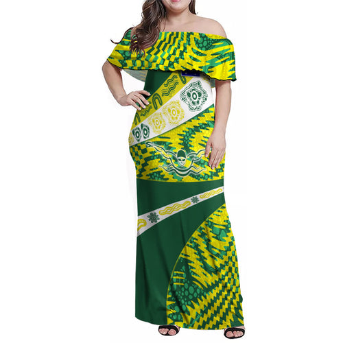 Personalised Australia Swimming Athlete Family Matching Off Shoulder Maxi Dress and Hawaiian Shirt Aboriginal Pattern Freestyle Swimmer Patriotic