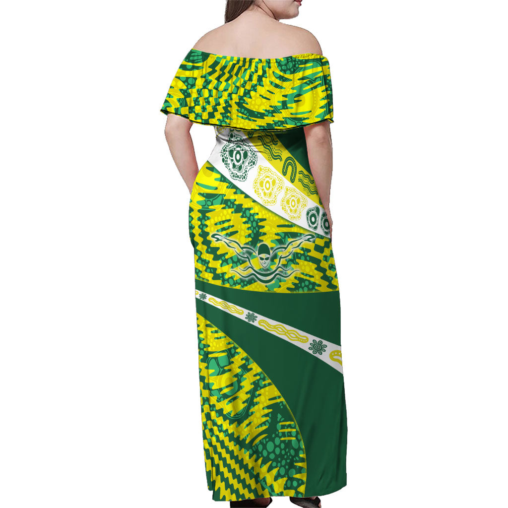 Personalised Australia Swimming Athlete Family Matching Off Shoulder Maxi Dress and Hawaiian Shirt Aboriginal Pattern Freestyle Swimmer Patriotic
