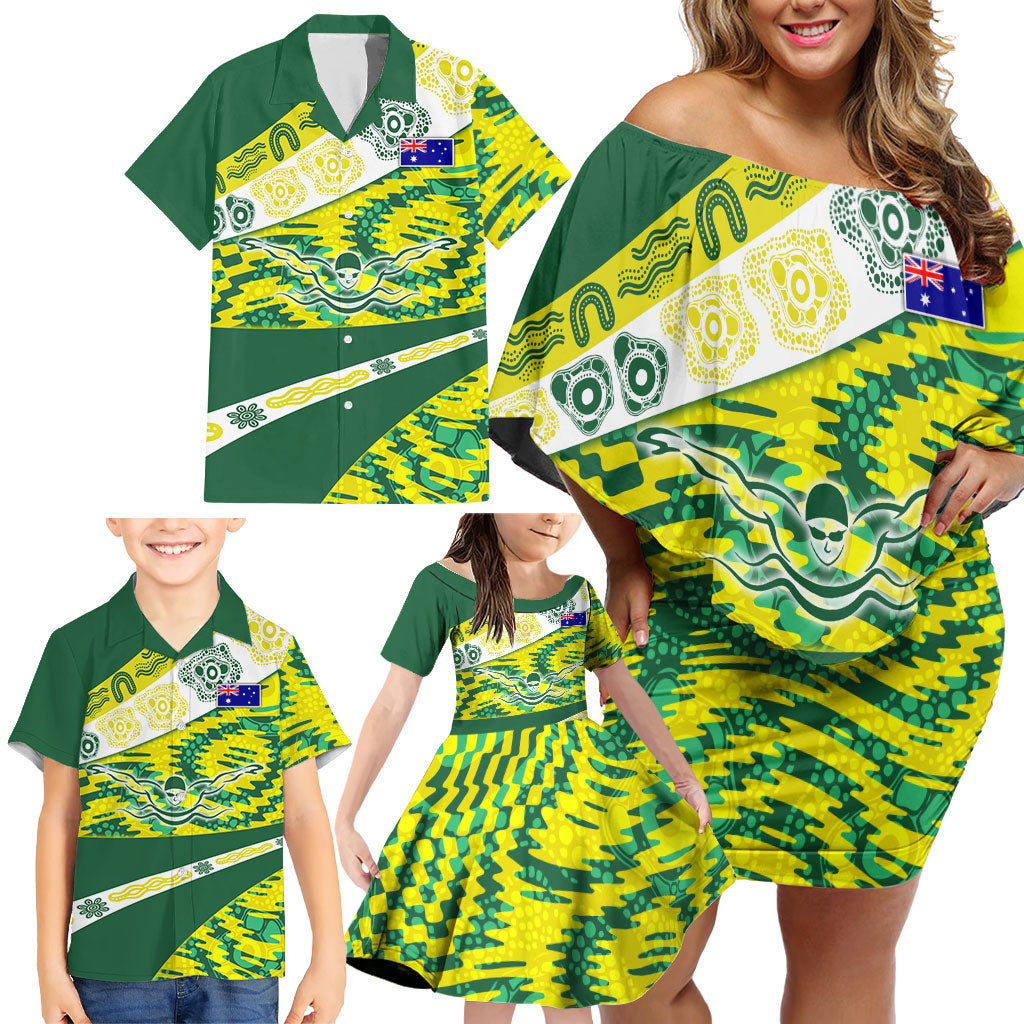 Personalised Australia Swimming Athlete Family Matching Off Shoulder Short Dress and Hawaiian Shirt Aboriginal Pattern Freestyle Swimmer Patriotic