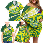 Personalised Australia Swimming Athlete Family Matching Off Shoulder Short Dress and Hawaiian Shirt Aboriginal Pattern Freestyle Swimmer Patriotic
