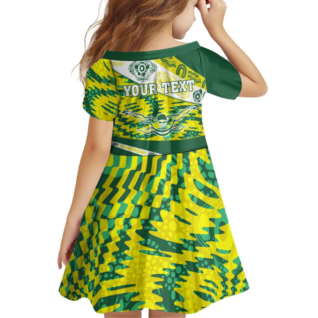 Personalised Australia Swimming Athlete Family Matching Off Shoulder Short Dress and Hawaiian Shirt Aboriginal Pattern Freestyle Swimmer Patriotic