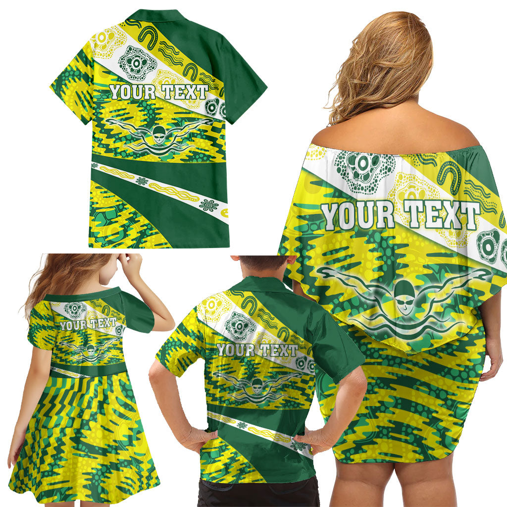 Personalised Australia Swimming Athlete Family Matching Off Shoulder Short Dress and Hawaiian Shirt Aboriginal Pattern Freestyle Swimmer Patriotic