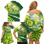 Personalised Australia Swimming Athlete Family Matching Off Shoulder Short Dress and Hawaiian Shirt Aboriginal Pattern Freestyle Swimmer Patriotic