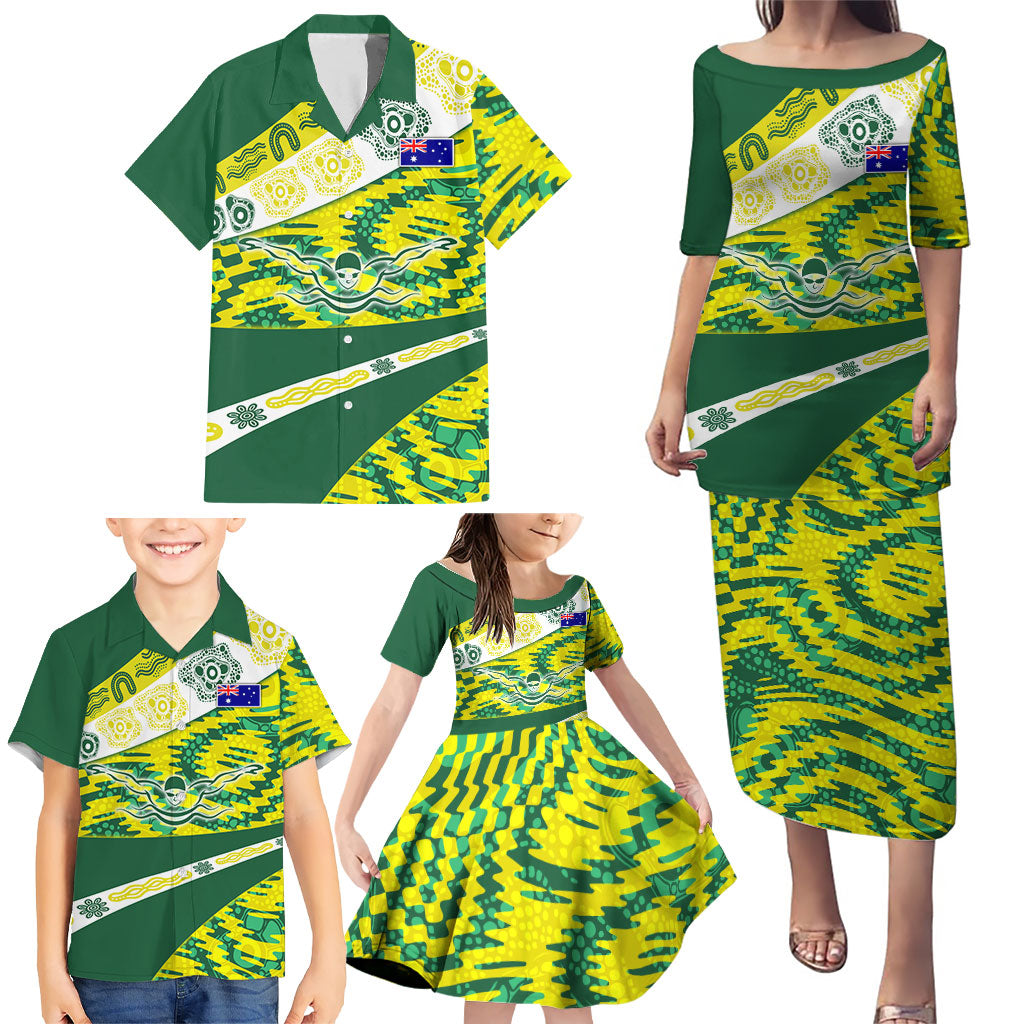 Personalised Australia Swimming Athlete Family Matching Puletasi and Hawaiian Shirt Aboriginal Pattern Freestyle Swimmer Patriotic