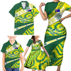 Personalised Australia Swimming Athlete Family Matching Short Sleeve Bodycon Dress and Hawaiian Shirt Aboriginal Pattern Freestyle Swimmer Patriotic