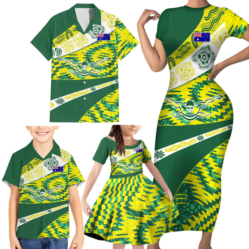 Personalised Australia Swimming Athlete Family Matching Short Sleeve Bodycon Dress and Hawaiian Shirt Aboriginal Pattern Freestyle Swimmer Patriotic
