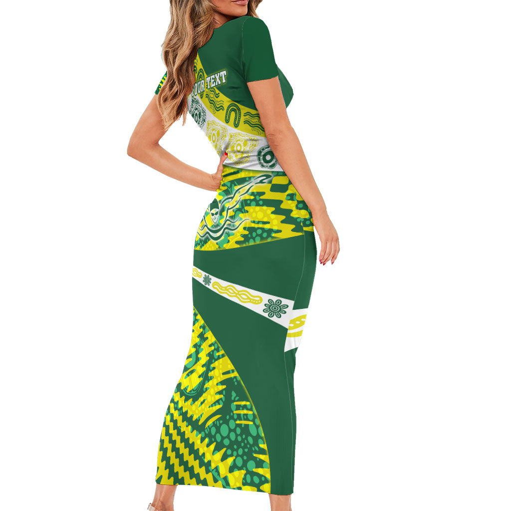 Personalised Australia Swimming Athlete Family Matching Short Sleeve Bodycon Dress and Hawaiian Shirt Aboriginal Pattern Freestyle Swimmer Patriotic
