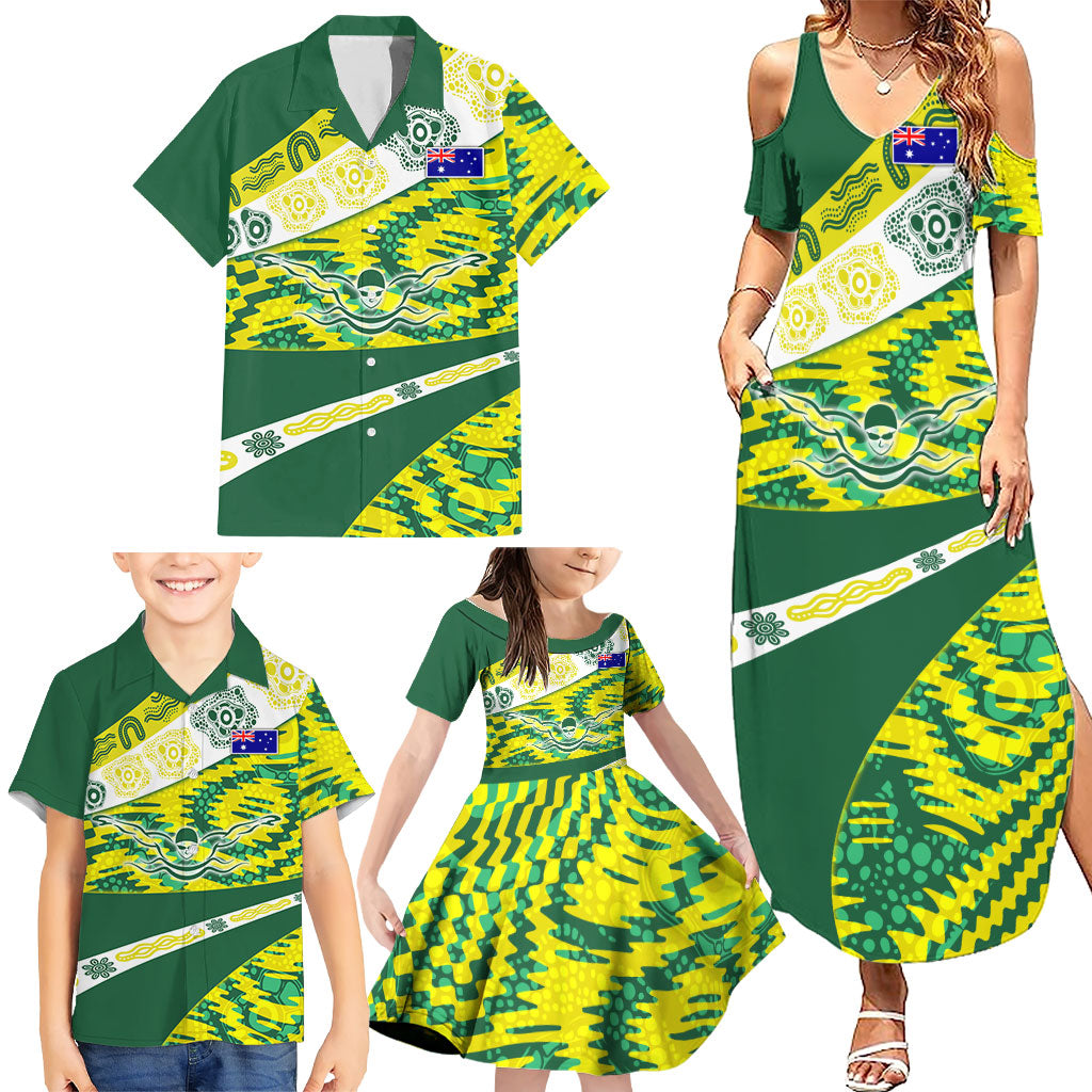 Personalised Australia Swimming Athlete Family Matching Summer Maxi Dress and Hawaiian Shirt Aboriginal Pattern Freestyle Swimmer Patriotic
