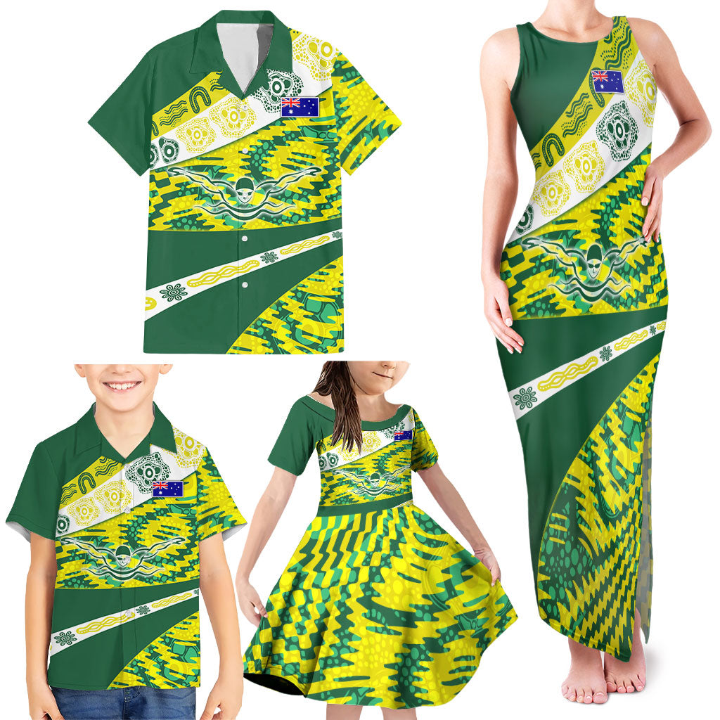 Personalised Australia Swimming Athlete Family Matching Tank Maxi Dress and Hawaiian Shirt Aboriginal Pattern Freestyle Swimmer Patriotic