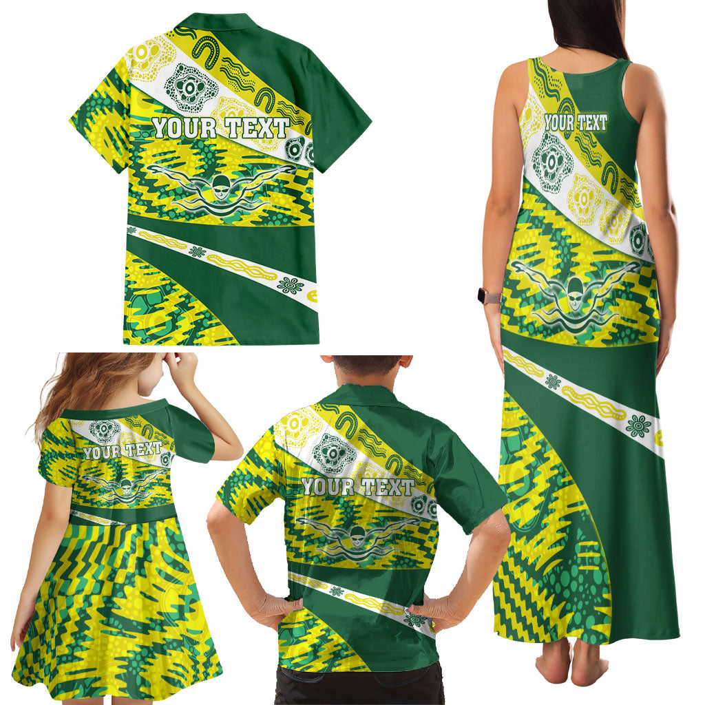 Personalised Australia Swimming Athlete Family Matching Tank Maxi Dress and Hawaiian Shirt Aboriginal Pattern Freestyle Swimmer Patriotic