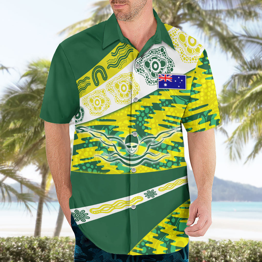 Personalised Australia Swimming Athlete Hawaiian Shirt Aboriginal Pattern Freestyle Swimmer Patriotic