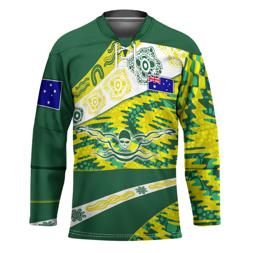Personalised Australia Swimming Athlete Hockey Jersey Aboriginal Pattern Freestyle Swimmer Patriotic