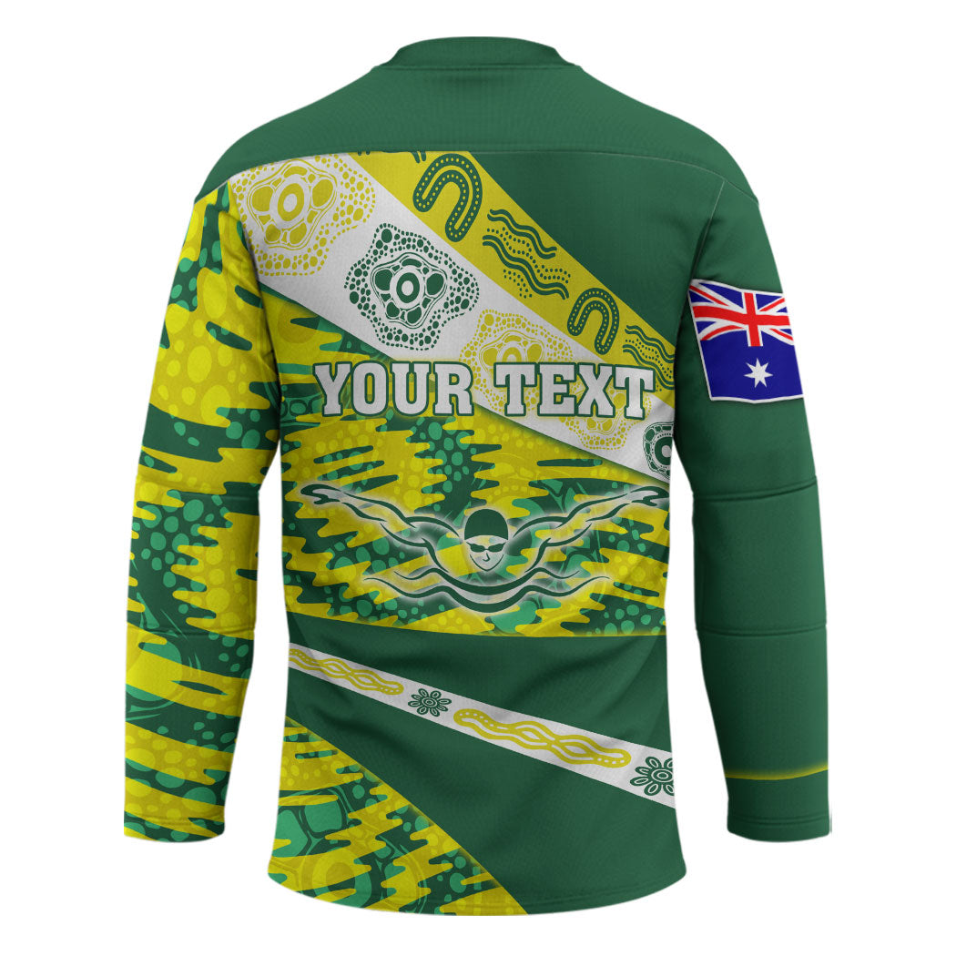 Personalised Australia Swimming Athlete Hockey Jersey Aboriginal Pattern Freestyle Swimmer Patriotic
