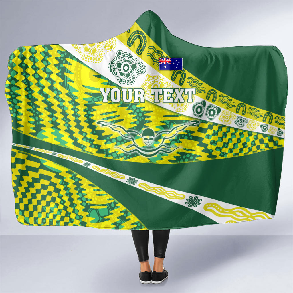 Personalised Australia Swimming Athlete Hooded Blanket Aboriginal Pattern Freestyle Swimmer Patriotic