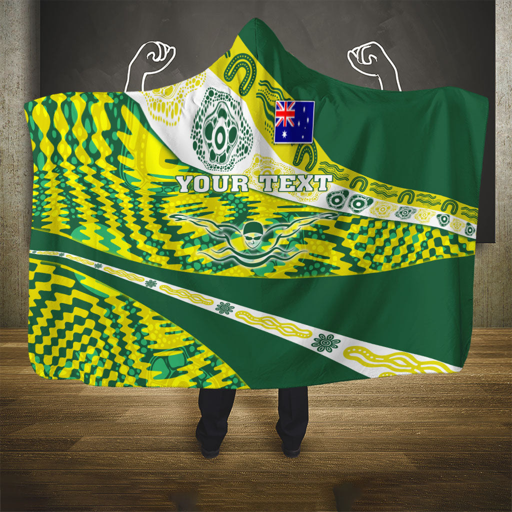 Personalised Australia Swimming Athlete Hooded Blanket Aboriginal Pattern Freestyle Swimmer Patriotic