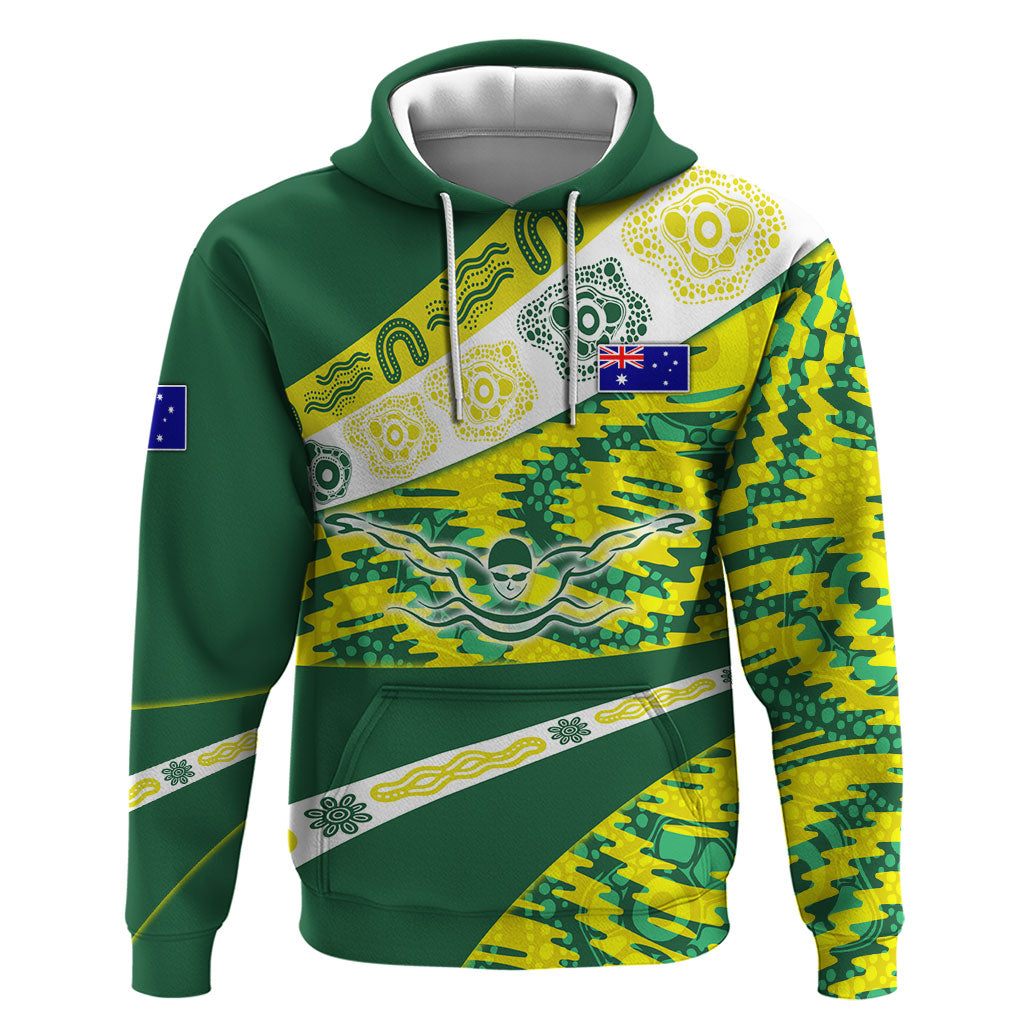 Personalised Australia Swimming Athlete Hoodie Aboriginal Pattern Freestyle Swimmer Patriotic
