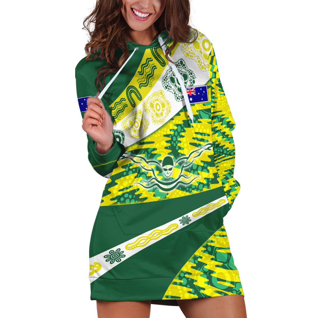 Personalised Australia Swimming Athlete Hoodie Dress Aboriginal Pattern Freestyle Swimmer Patriotic