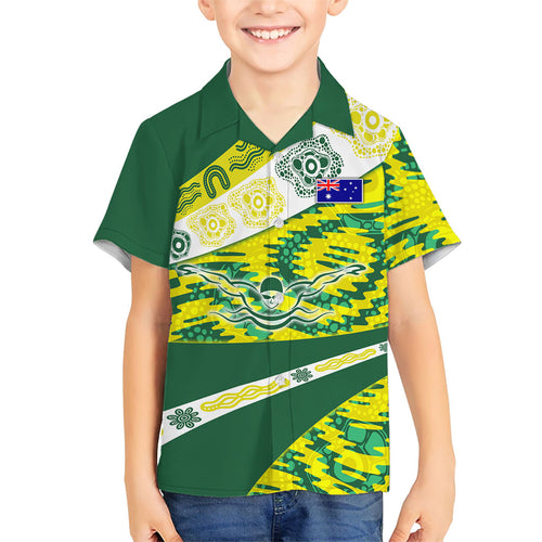 Personalised Australia Swimming Athlete Kid Hawaiian Shirt Aboriginal Pattern Freestyle Swimmer Patriotic