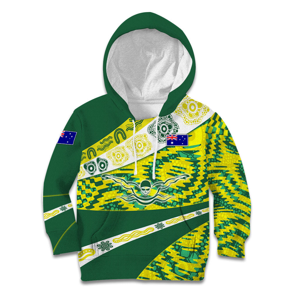 Personalised Australia Swimming Athlete Kid Hoodie Aboriginal Pattern Freestyle Swimmer Patriotic