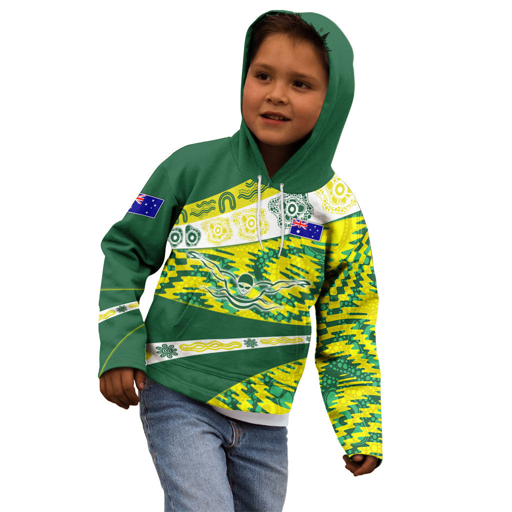 Personalised Australia Swimming Athlete Kid Hoodie Aboriginal Pattern Freestyle Swimmer Patriotic