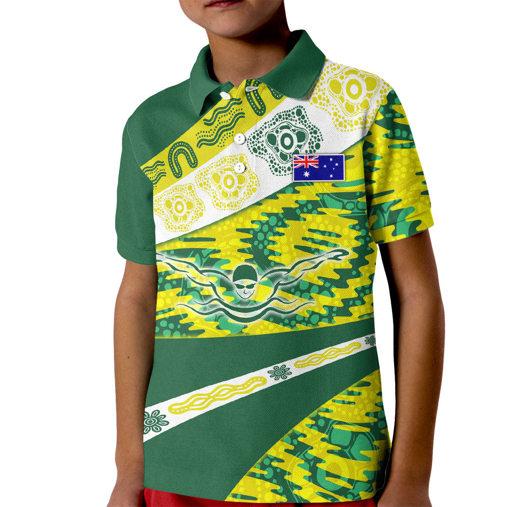 Personalised Australia Swimming Athlete Kid Polo Shirt Aboriginal Pattern Freestyle Swimmer Patriotic
