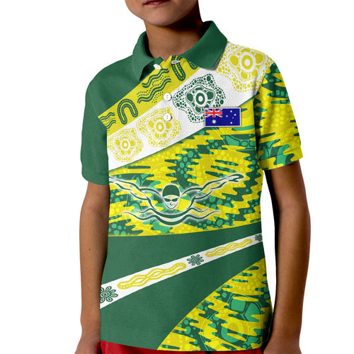 Personalised Australia Swimming Athlete Kid Polo Shirt Aboriginal Pattern Freestyle Swimmer Patriotic