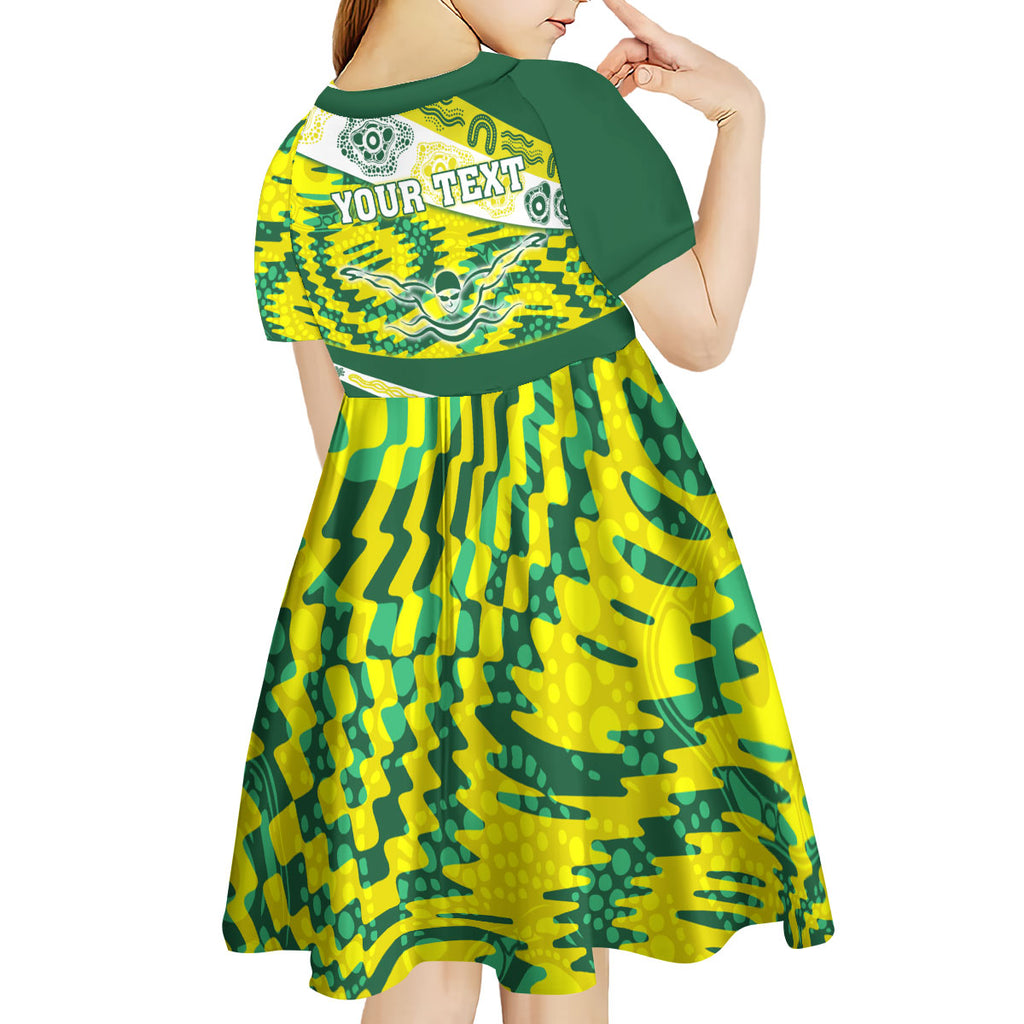 Personalised Australia Swimming Athlete Kid Short Sleeve Dress Aboriginal Pattern Freestyle Swimmer Patriotic