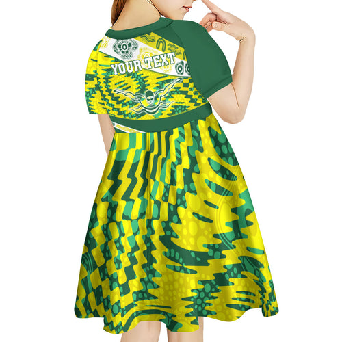 Personalised Australia Swimming Athlete Kid Short Sleeve Dress Aboriginal Pattern Freestyle Swimmer Patriotic