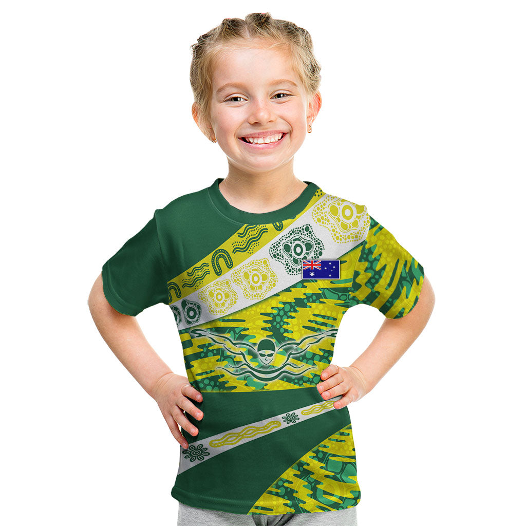 Personalised Australia Swimming Athlete Kid T Shirt Aboriginal Pattern Freestyle Swimmer Patriotic
