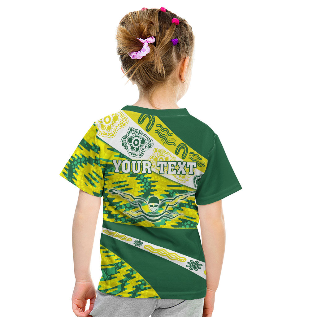 Personalised Australia Swimming Athlete Kid T Shirt Aboriginal Pattern Freestyle Swimmer Patriotic