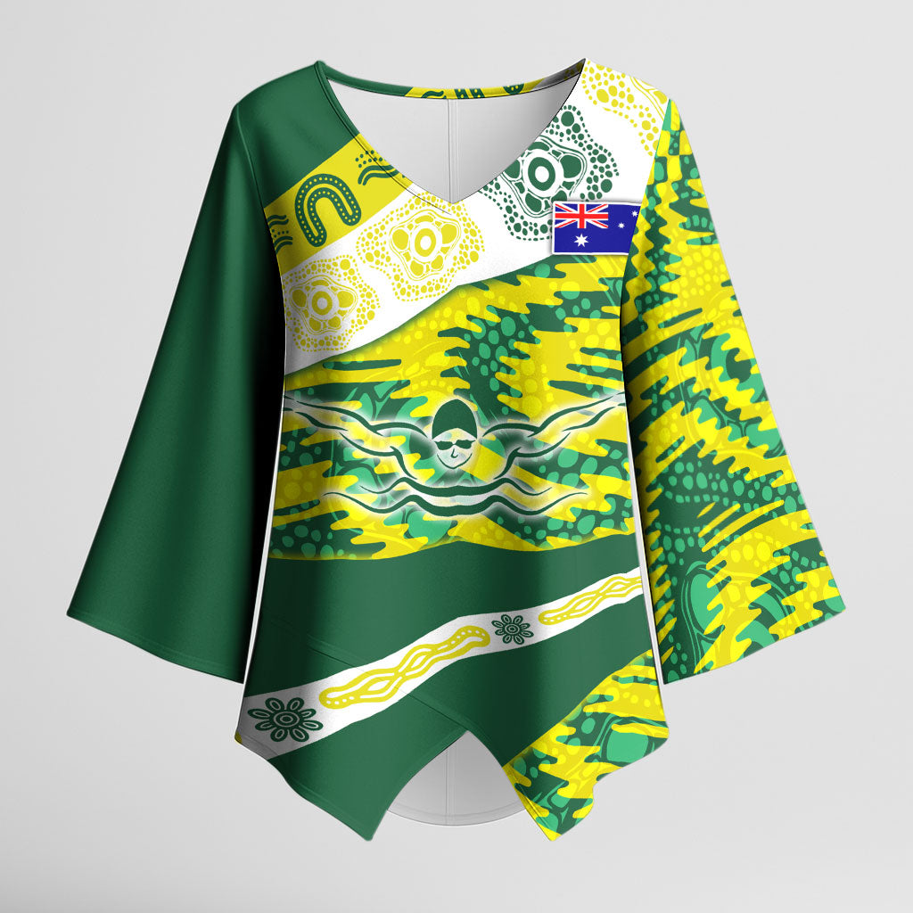 Personalised Australia Swimming Athlete Kimono Sleeve Blouse Aboriginal Pattern Freestyle Swimmer Patriotic