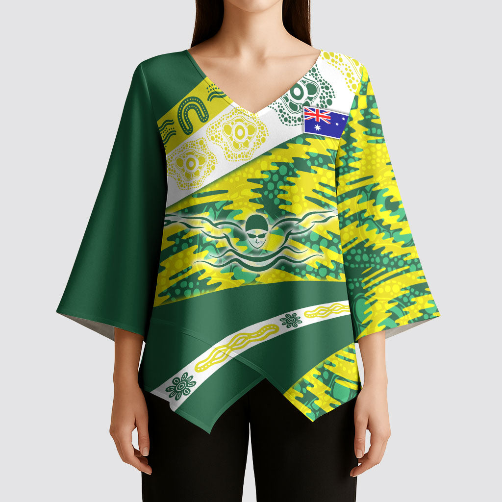 Personalised Australia Swimming Athlete Kimono Sleeve Blouse Aboriginal Pattern Freestyle Swimmer Patriotic