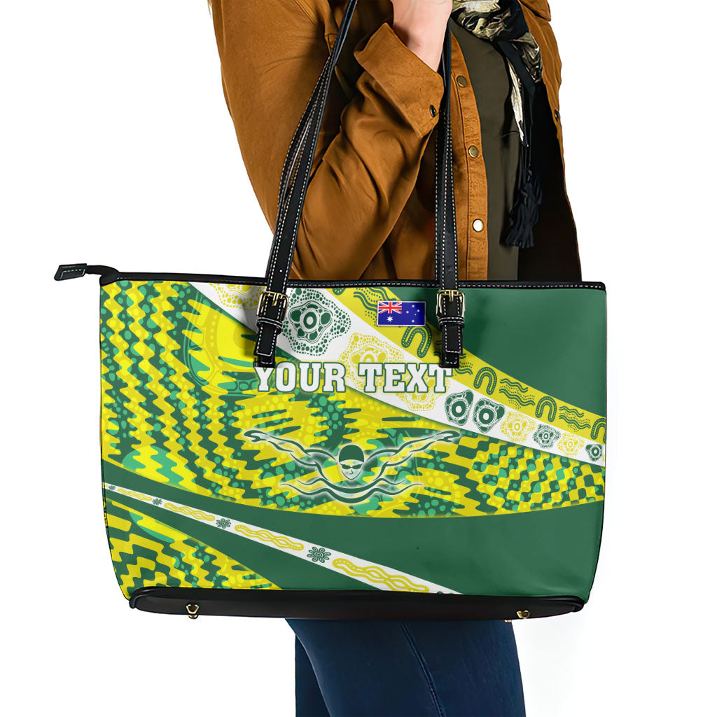 Personalised Australia Swimming Athlete Leather Tote Bag Aboriginal Pattern Freestyle Swimmer Patriotic