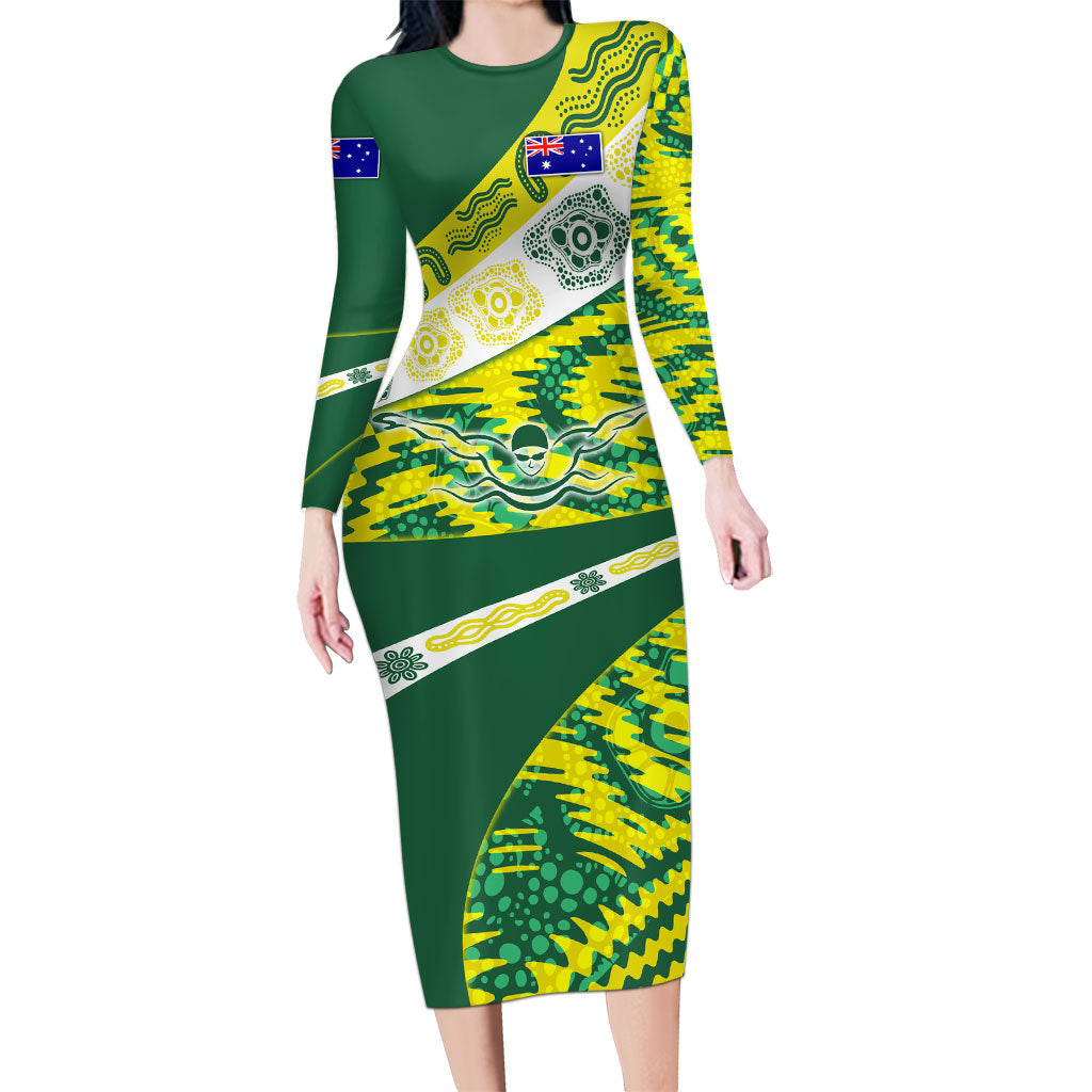 Personalised Australia Swimming Athlete Long Sleeve Bodycon Dress Aboriginal Pattern Freestyle Swimmer Patriotic