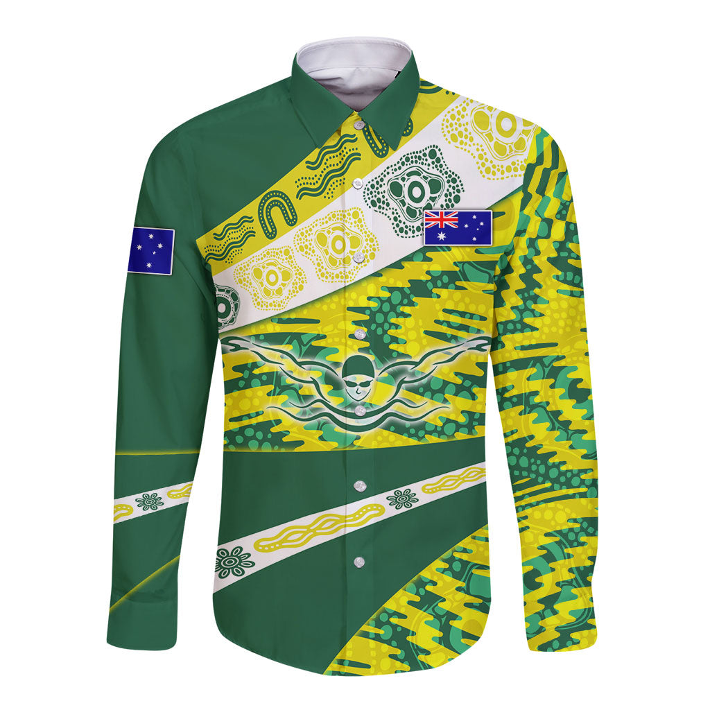 Personalised Australia Swimming Athlete Long Sleeve Button Shirt Aboriginal Pattern Freestyle Swimmer Patriotic