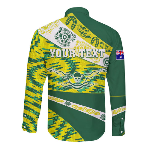 Personalised Australia Swimming Athlete Long Sleeve Button Shirt Aboriginal Pattern Freestyle Swimmer Patriotic
