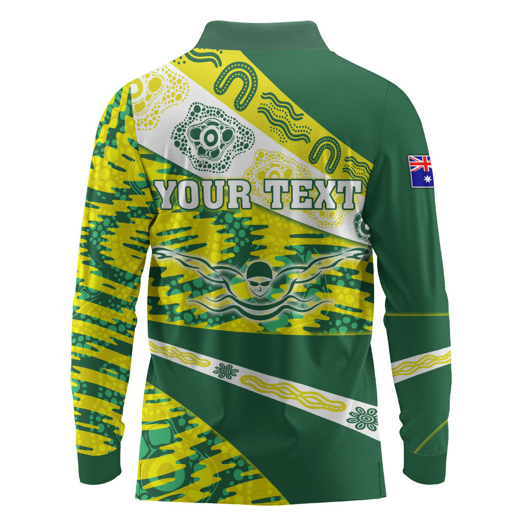 Personalised Australia Swimming Athlete Long Sleeve Polo Shirt Aboriginal Pattern Freestyle Swimmer Patriotic