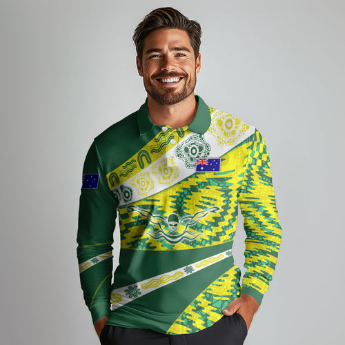 Personalised Australia Swimming Athlete Long Sleeve Polo Shirt Aboriginal Pattern Freestyle Swimmer Patriotic