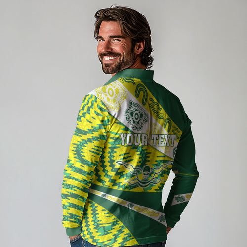 Personalised Australia Swimming Athlete Long Sleeve Polo Shirt Aboriginal Pattern Freestyle Swimmer Patriotic