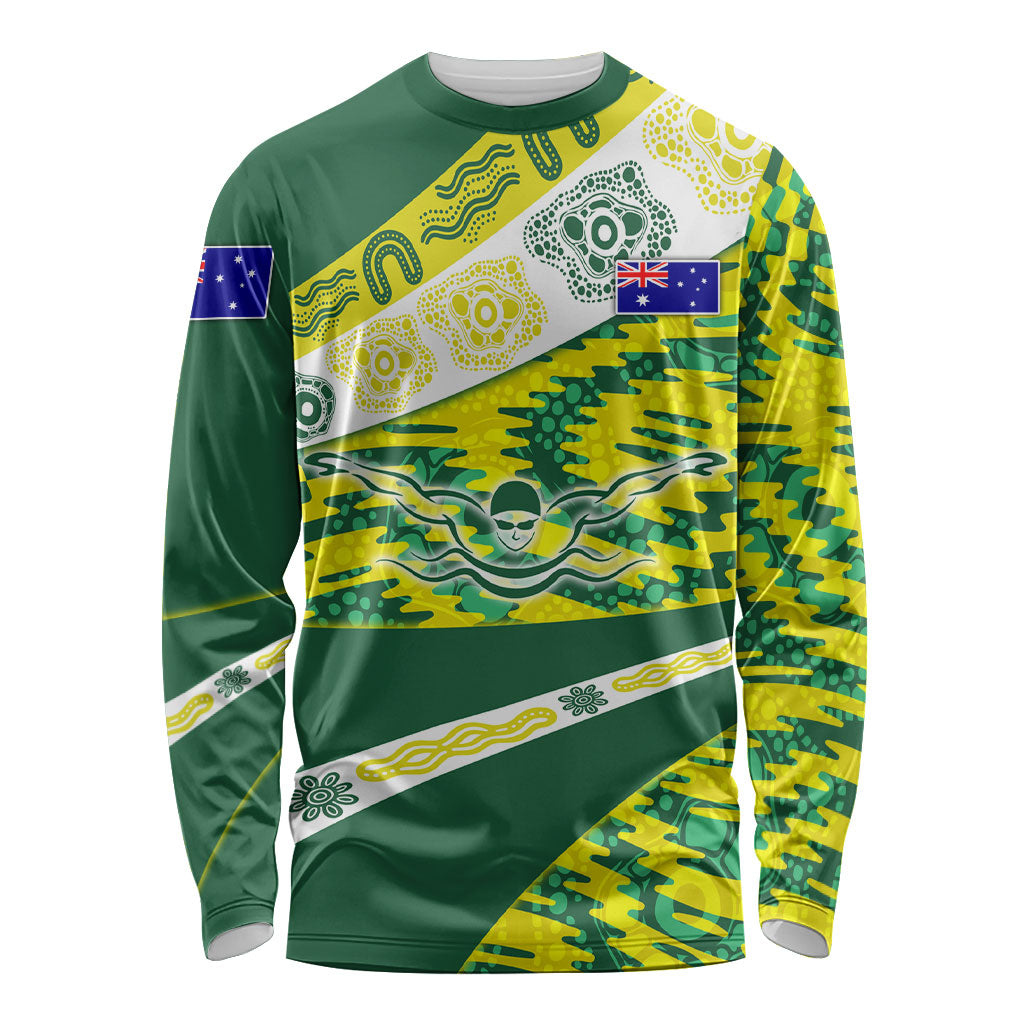 Personalised Australia Swimming Athlete Long Sleeve Shirt Aboriginal Pattern Freestyle Swimmer Patriotic