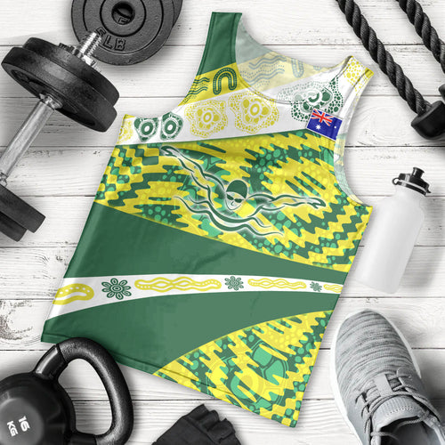 Personalised Australia Swimming Athlete Men Tank Top Aboriginal Pattern Freestyle Swimmer Patriotic