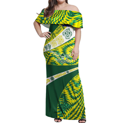 Personalised Australia Swimming Athlete Off Shoulder Maxi Dress Aboriginal Pattern Freestyle Swimmer Patriotic