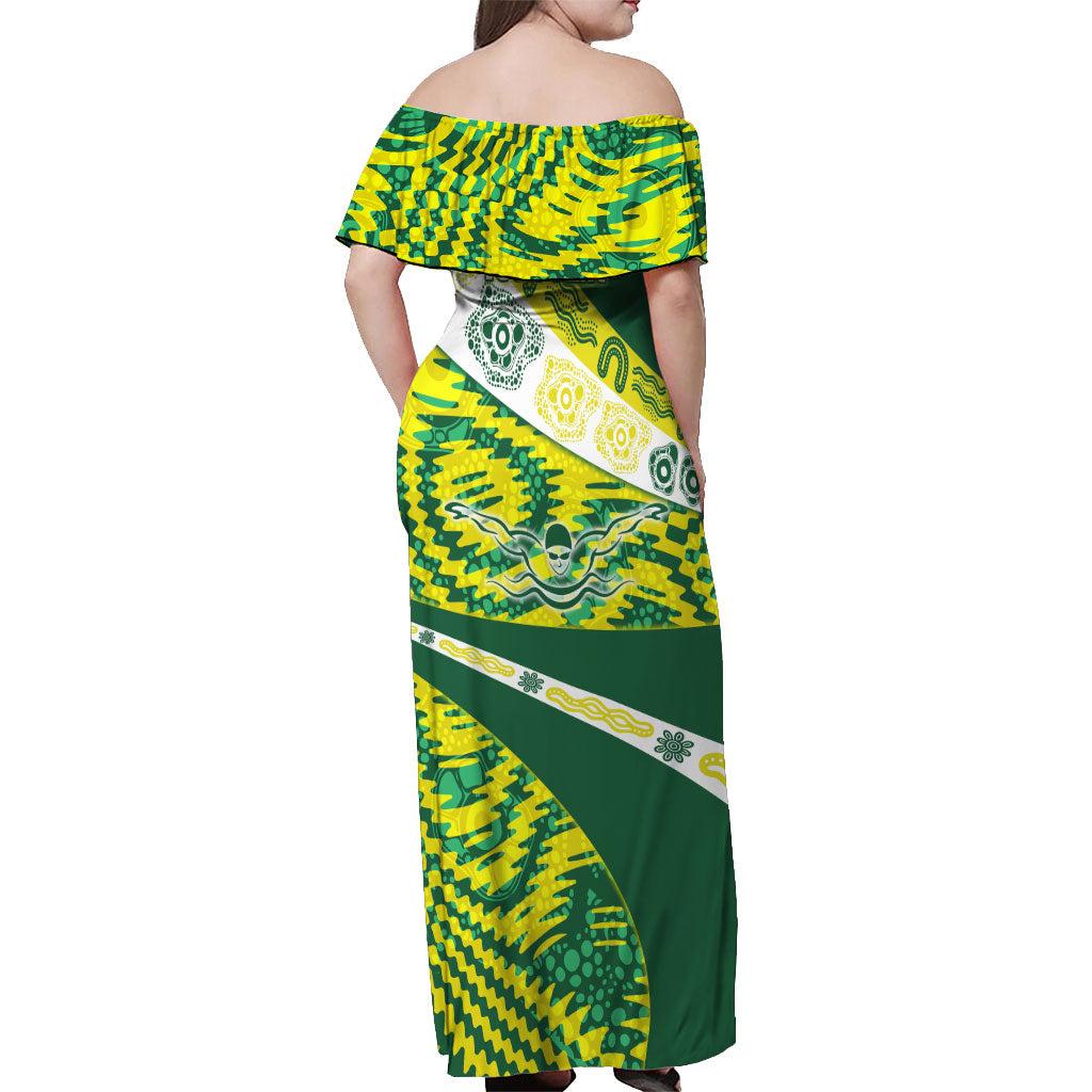 Personalised Australia Swimming Athlete Off Shoulder Maxi Dress Aboriginal Pattern Freestyle Swimmer Patriotic