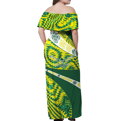 Personalised Australia Swimming Athlete Off Shoulder Maxi Dress Aboriginal Pattern Freestyle Swimmer Patriotic