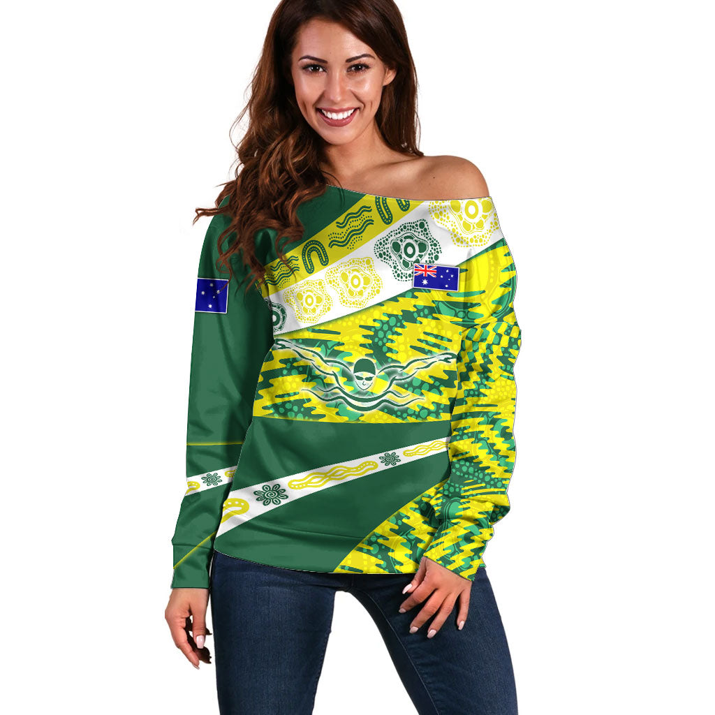 Personalised Australia Swimming Athlete Off Shoulder Sweater Aboriginal Pattern Freestyle Swimmer Patriotic